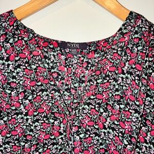 NYDJ Black Floral V-Neck Blouse with Pink & Mint Accents